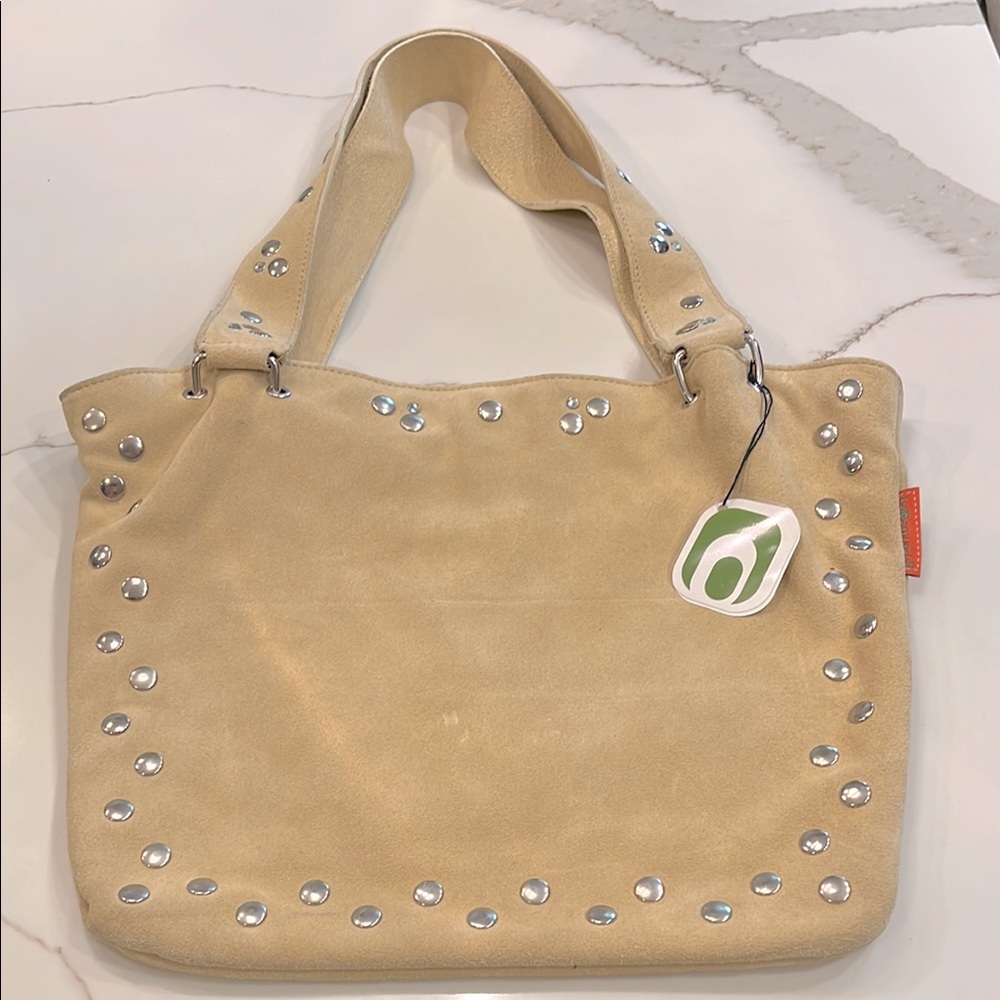 Stylish Tan Suede Tote Bag Silver Accents
Made in Italy. Genuine Leather.